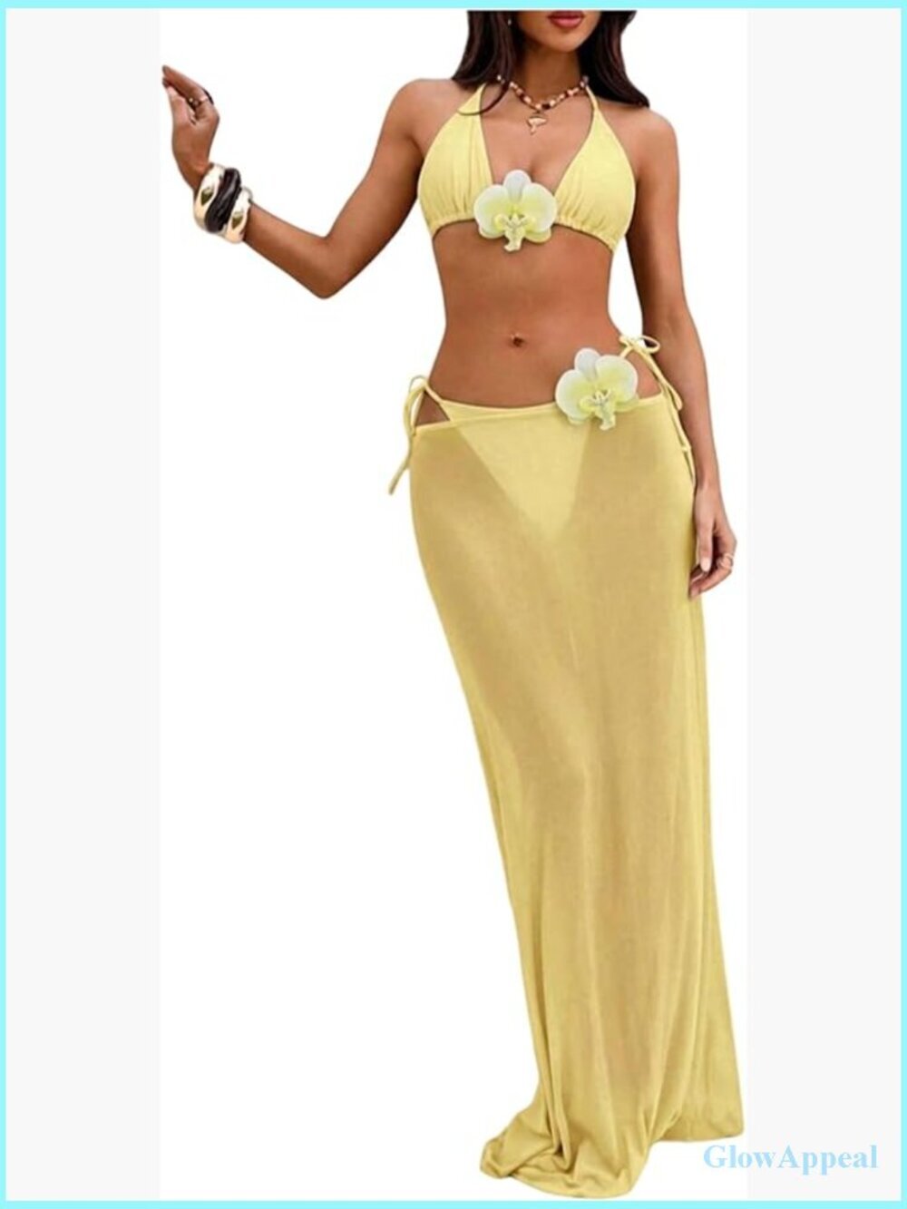 3 Piece Bikini Set with Cover Up Mesh Maxi Skirt